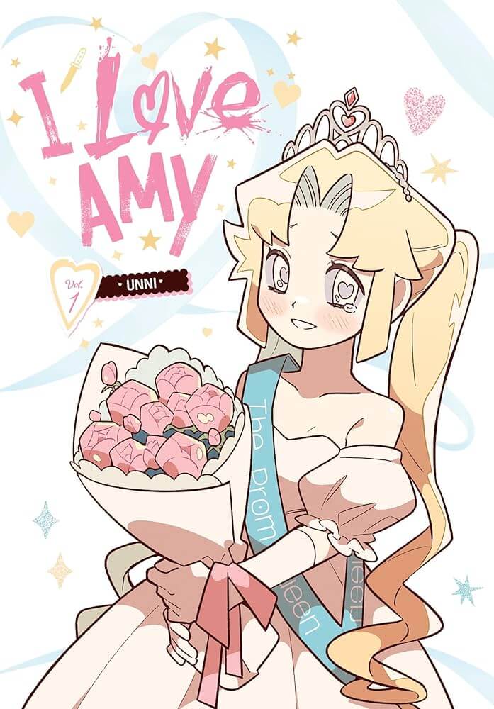 Amy, a woman with blonde hair and heart-shaped pupils, holds a bouquet of pink flowers as she stands in a white dress and a silver tiara. Her blue sash reads “The Prom Queen.” A single tear can be seen in her right eye.