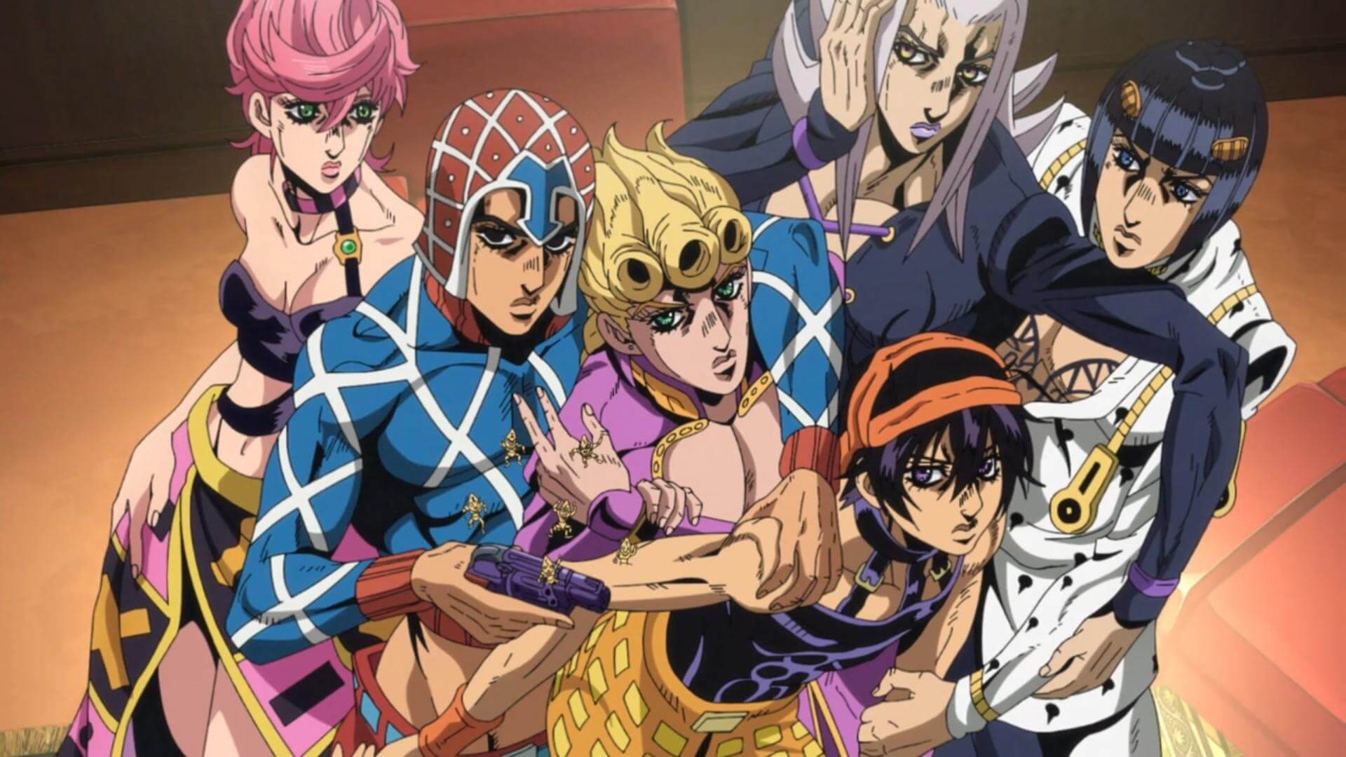 Image from Jojo’s Bizarre Adventure: Golden Wind. A gang of five colourfully dressed men all clammer together, embracing each other and staring at the camera. Three of them have boob windows, one of them has a crap top, and one has what looks like bondage gear as a top. A girl with pink hair, who is similarly scantily clad, gives them a curious look.