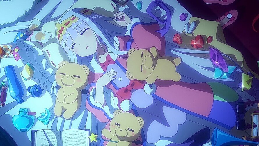 A silver-haired girl in a princess dress that doubles for pyjamas sleeps soundly on a bed alongside three sentient teddy bears. Her bed is surrounded by empty potion bottles, empty snack packets, and magical crystals.