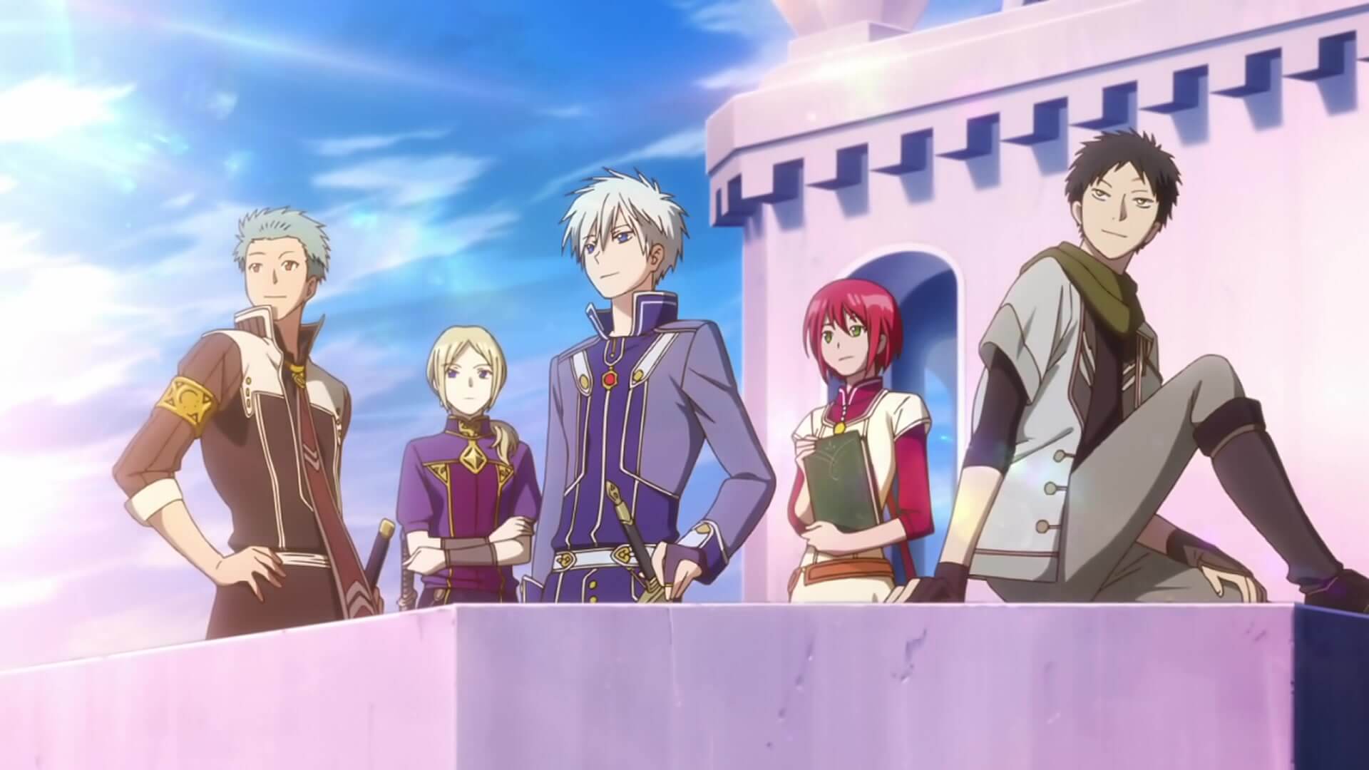 A group of three men and two women in fairytale style clothing stand on a balcony of a castle, looking out towards the horizon. One man is in a brown uniform and has green hair, and a sword. A serious looking woman with blonde hair in a ponytail crosses her arms, she has a purple uniform and a sword. A younger man with white hair wears a blue uniform and has a sword, he is in the centre and is the leader of the group. Behind him is a woman with short red hair and is carrying a book, she is wearing a white medical uniform. A man with a cheeky expression sits on the wall, with one leg cocked. He has a grey jacket and a green scarf and no visible weapons