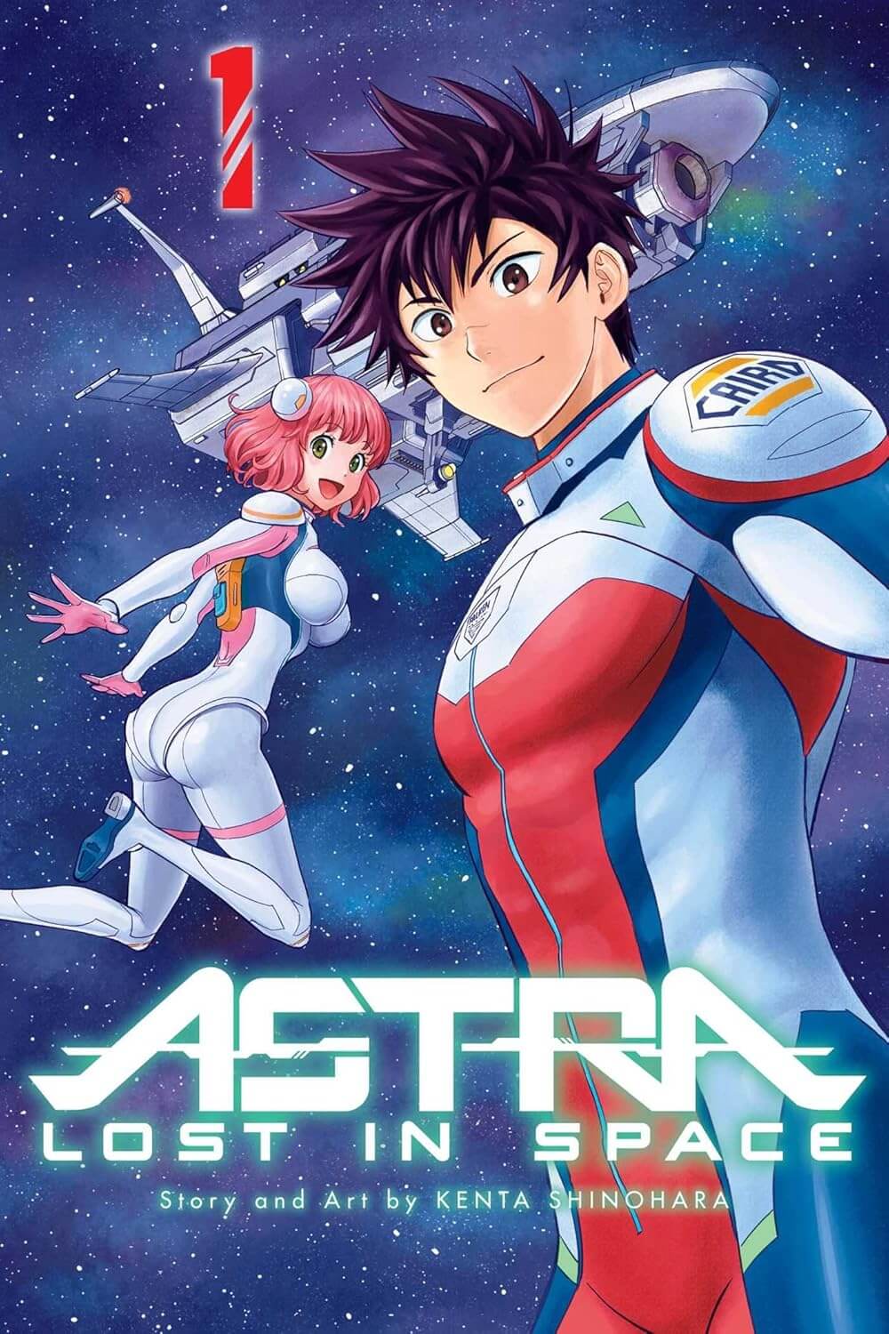 The cover of Astra Lost in Space. A teenage girl with a pink bob and a teenage boy with black spiky hair and a scar across his nose are pictured in the middle of deep space. They are both wearing skintight space suits but do not have helmets on. The girl is posed so you can see her front and her behind. She is grinning as she floats towards a Star Wars-esque spaceship. The boy is in the foreground and has a confident grin.