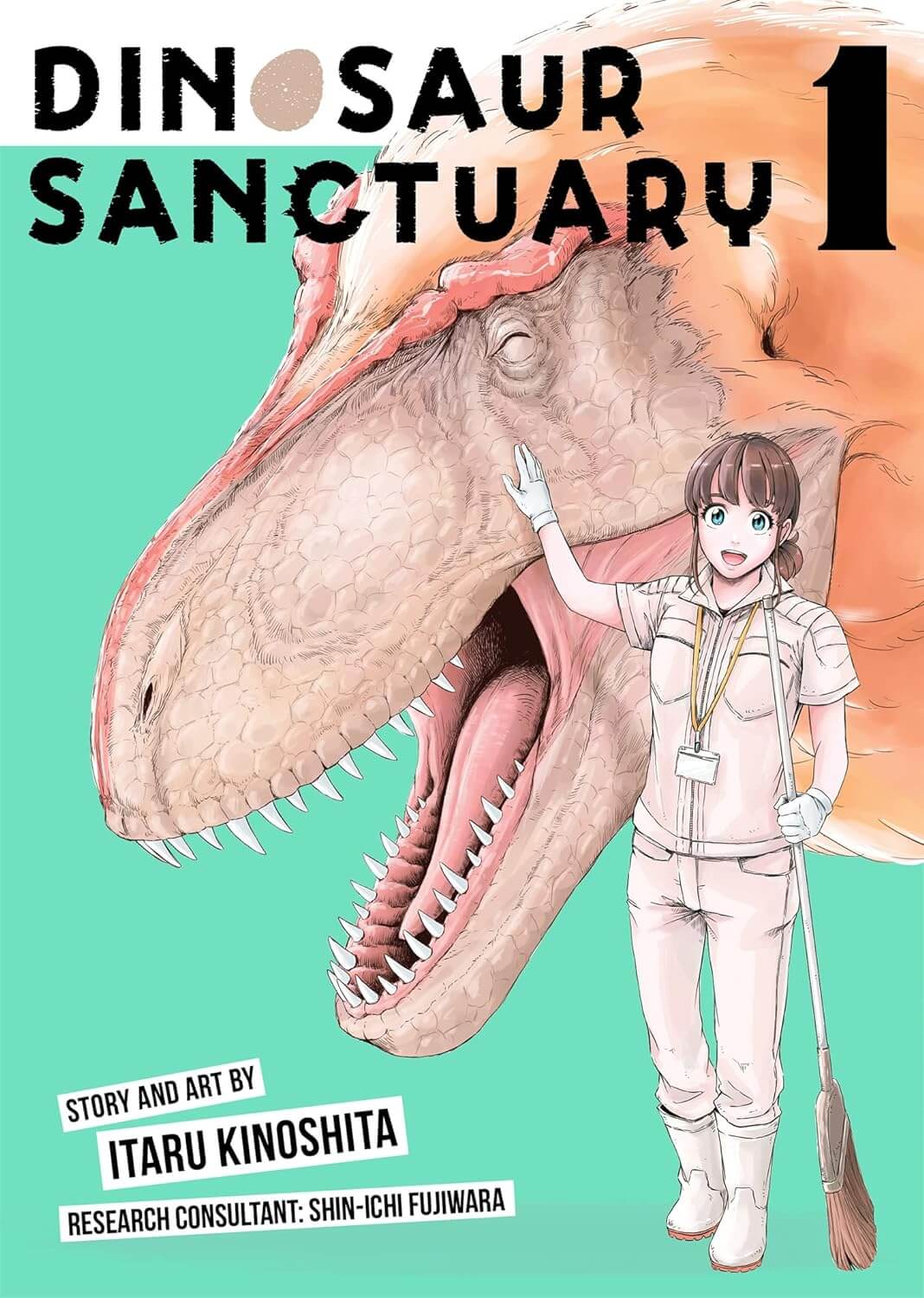 The cover of Dinosaur Sanctuary volume 1. A young woman with brown hair in a ponytail wears a khaki zookeeper’s outfit with white wellies. She is carrying a broom in one hand and patting the cheek of a very happy looking T.Rex with the other. The T.Rex’s head is the only part of its body visible and is the same size as the woman