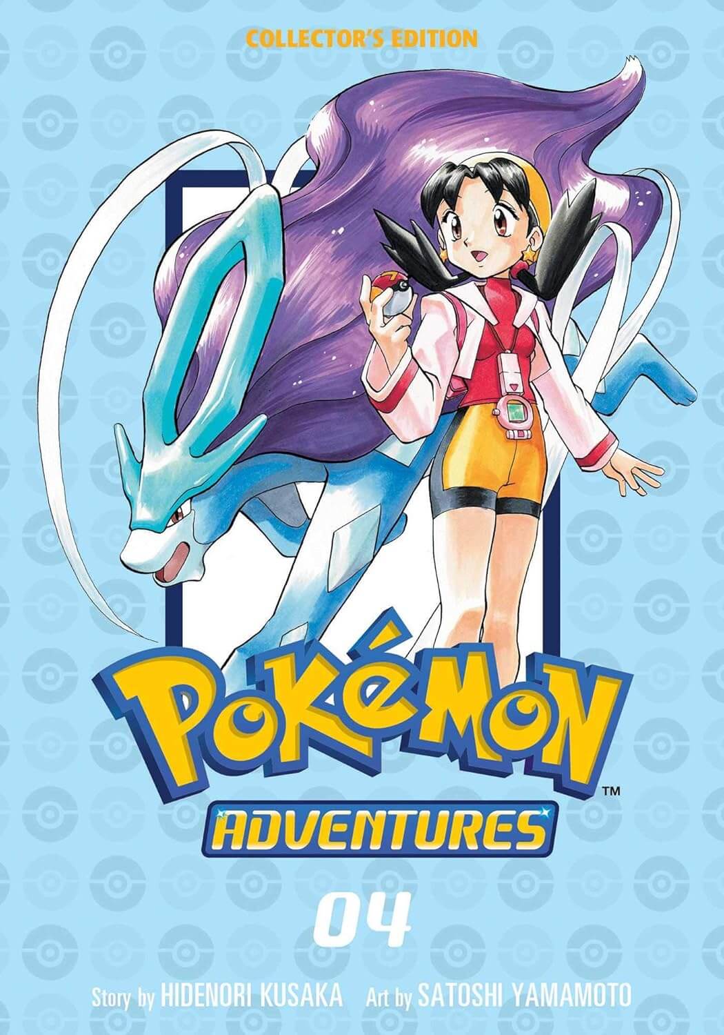  The cover of Pokémon Adventures volume 4. A girl in gold and black cycle shorts, a red Lycra top, and a light pink jacket holds a Pokéball and looks into the distance. She has a gold headband, her hair is in black pigtails that bend upwards. She has yellow star earrings. She has a light pink device around her neck which is a rectangle with a circular digital screen on the top. Behind her is a Suicune – a Pokémon the size of a wild cat with a diamond on top of its head, and purple, cape-like hair.