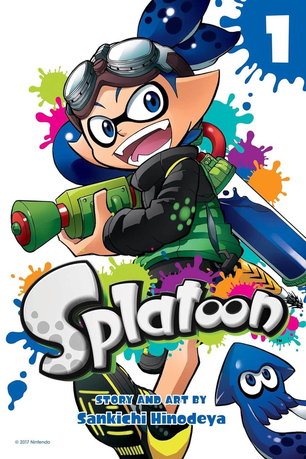  The cover of Splatoon volume 1. A human-like androgynous child with pointy ears and fangs grins as they hold a paint gun. They are wearing a pair of shorts and a puffer jacket. They have a pair of driving goggles on their forehead. A blue squid hovers in the bottom right. The white background is decorated with different coloured paint splatters.