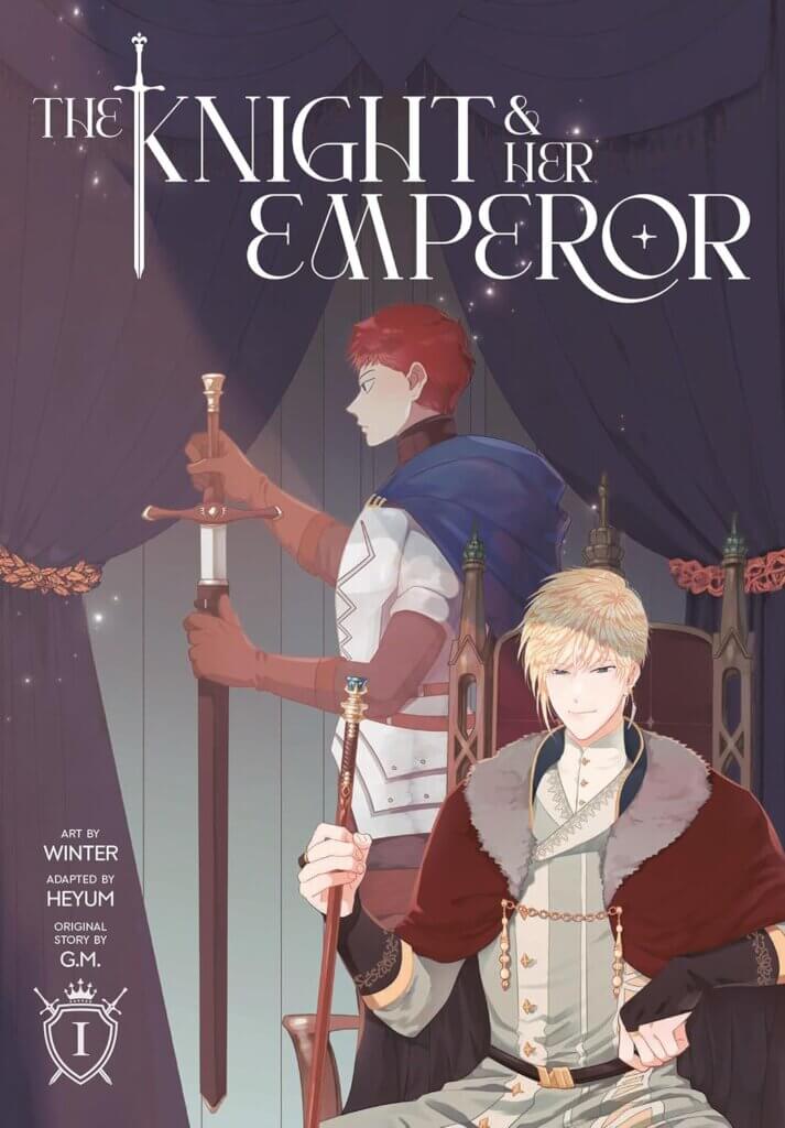 The cover for The Knight and Her Emperor. A woman with short red hair stands next to a man sitting on a throne. She is drawing a sword with one hand while holding its sheath in the other. Drawn purple curtains can be seen in the background.