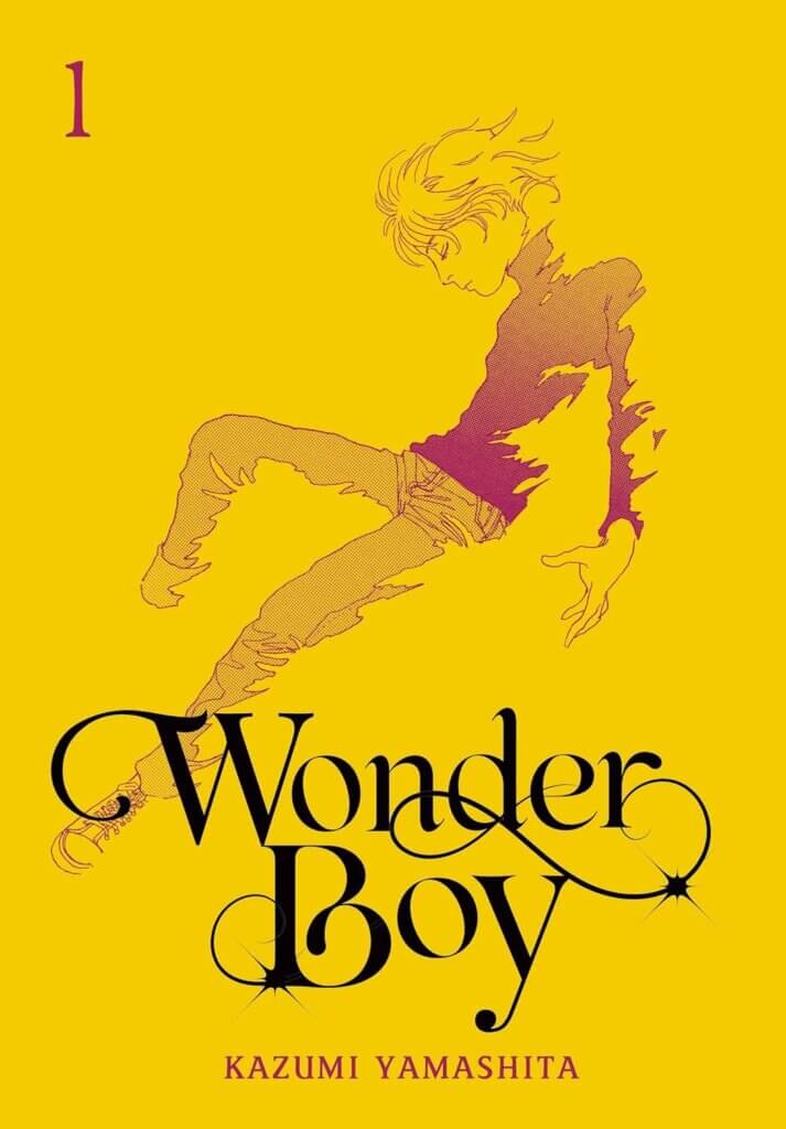 Cover for Wonder Boy by Kazumi Yamashita. A boy wearing a turtleneck and jeans floats against a yellow background.
