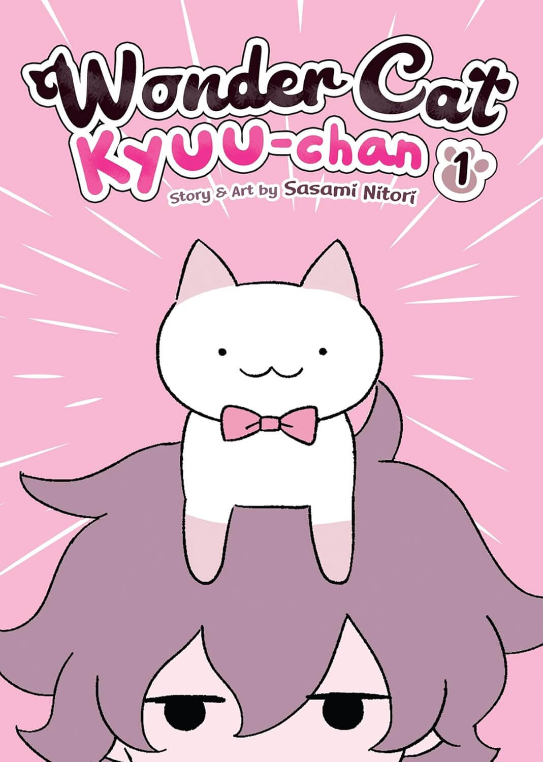The cover of Wonder Cat Kyuu-chan. A simplified drawing of a white cat with dusky pink ears and paws sits on top of a man’s head. The man has messy hair and a dull-eyed expression. The cat has a pink bow tie and a happy expression. The background is pink and has white dynamic lines radiating around the ca