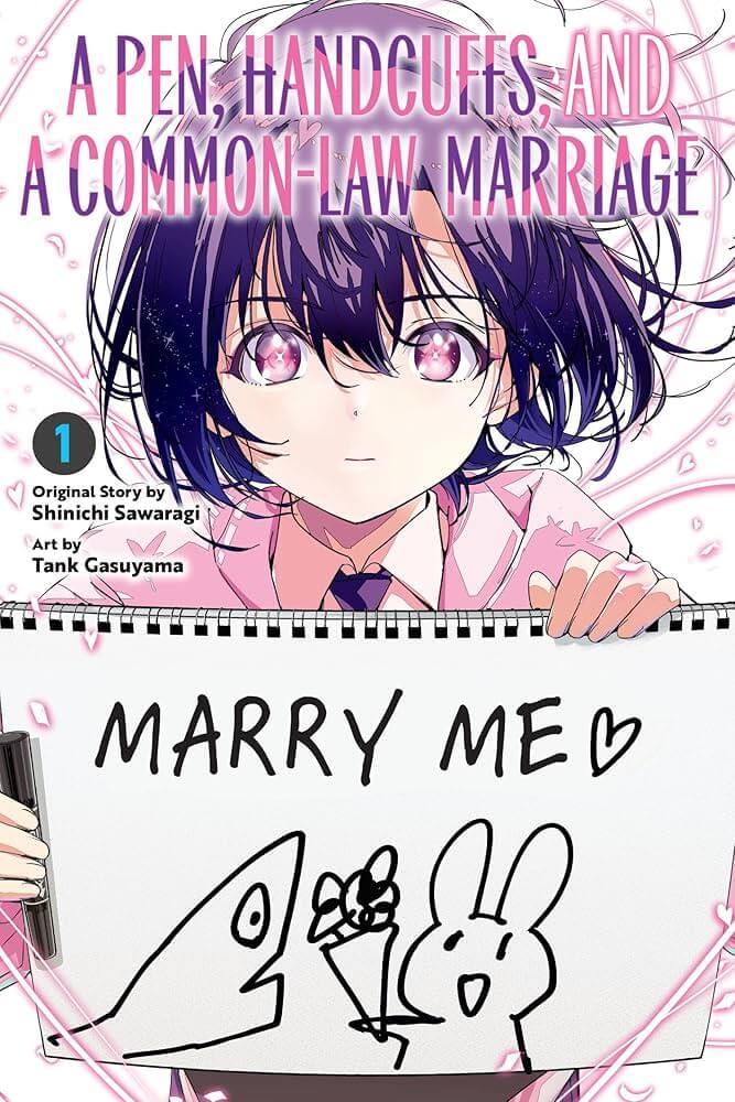 A cute young girl with purple hair in a pink outfit, showing a cute drawing with a bunny holding a bouquet of flowers for what looks like a shark. Text on the drawing reads, “Marry me” with a drawn heart at the end.