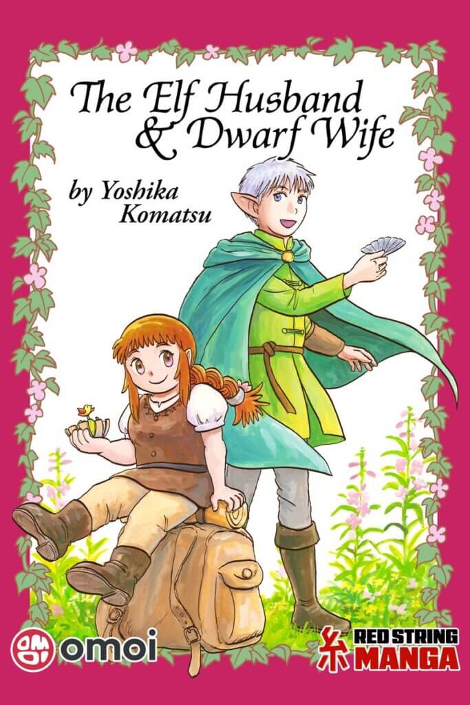 The cover of The Elf Husband and Dwarf Wife. A dwarf woman with red hair in a braid sits on a large brown pack. Meanwhile, an elf man wearing a green cape wields a swiss-army-knife-fan. Flowers bloom in the background.