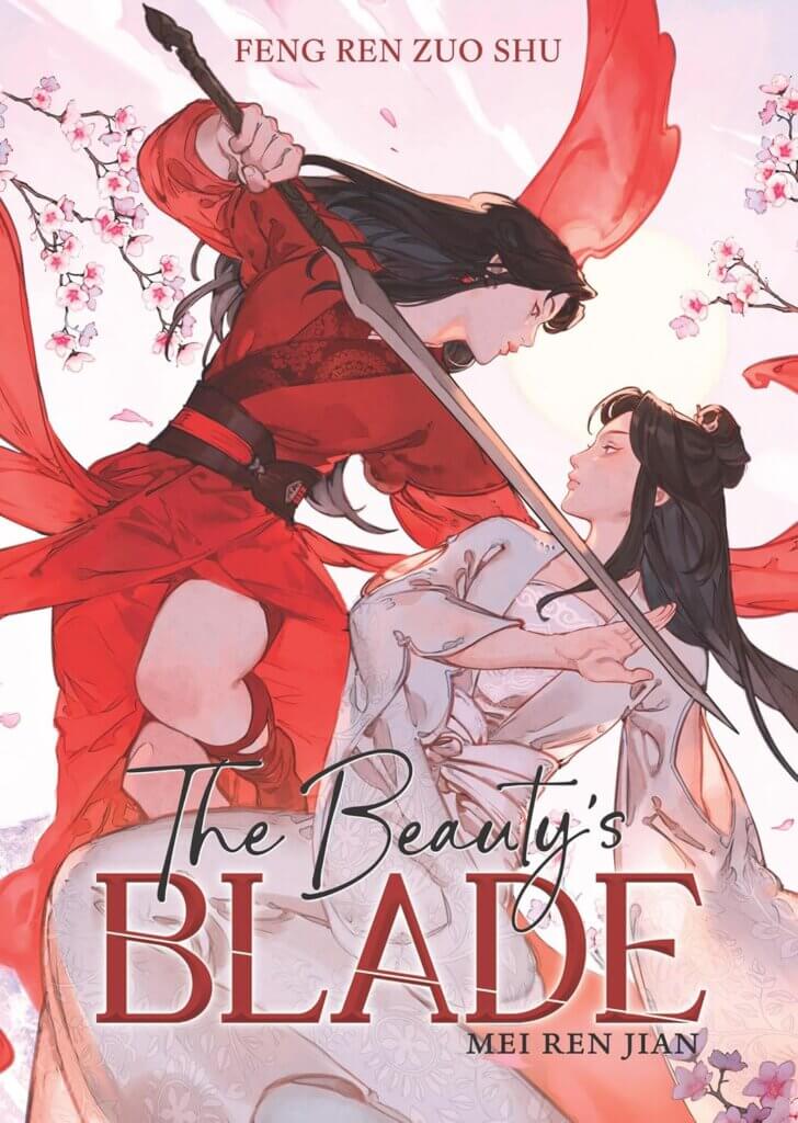 A woman wearing a red dress holds her sword to the neck of another woman, who redirects the sword with her hand. Flowers are blooming around them.