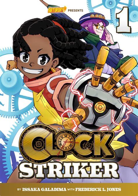 Cast, a young smiling Black girl with black braids wearing a red and yellow combat top, with her robotic hand outstretched and crackling with electricity. In the background, Philomena Clock, an elderly white woman with a pink bob, blue bowler hat, and star-shaped glasses, pushes up her glasses.