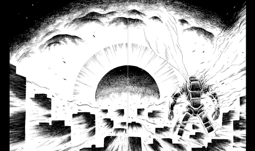 A double-page, black and white, spread of a giant robot standing facing an exploding city