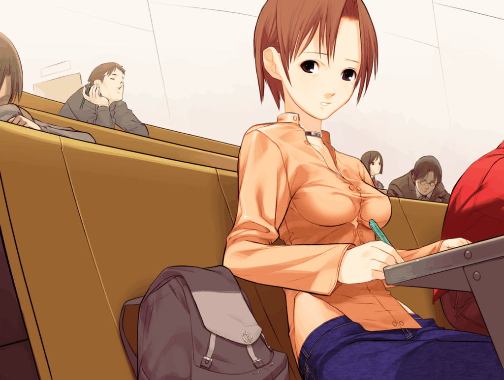  A woman is sitting in a college classroom, looking warily at the camera. She has a green pen in her hand and a backpack placed next to her. Her outfit is a bizarre orange shirt with large cuts up the side, her collar pointing upwards, and the fit vacuum-sealed around her torso.