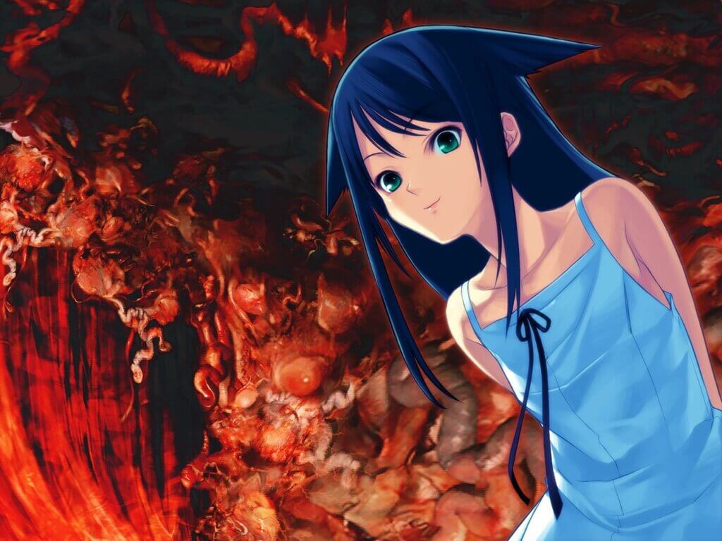A young girl, Saya from the titular Song of Saya, looks down on the viewer. She is surrounded by a foul meat-filled background.