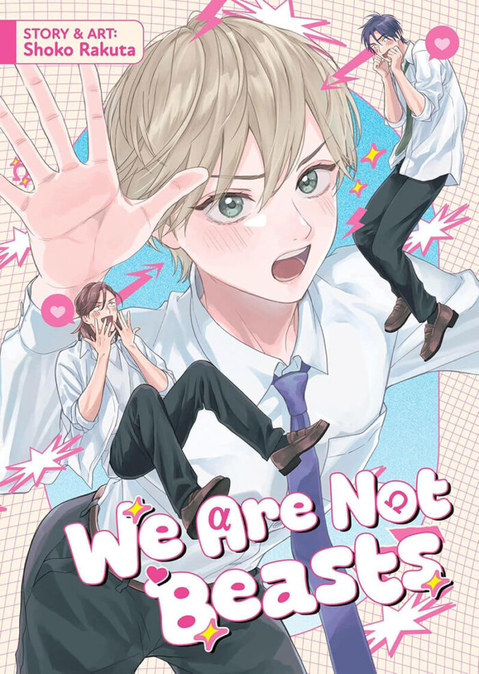 The We Are Not Beasts, Story & art: Shoko Rakuta manga cover features the blonde omega character Kazusa stands with an annoyed expression on his face while dressed in a school uniform of a white button up shirt, indigo necktie, and black pants. The two brothers Raita and Fuuta are shown in small size next to Kasuza. Both are clutching their faces and blushing.