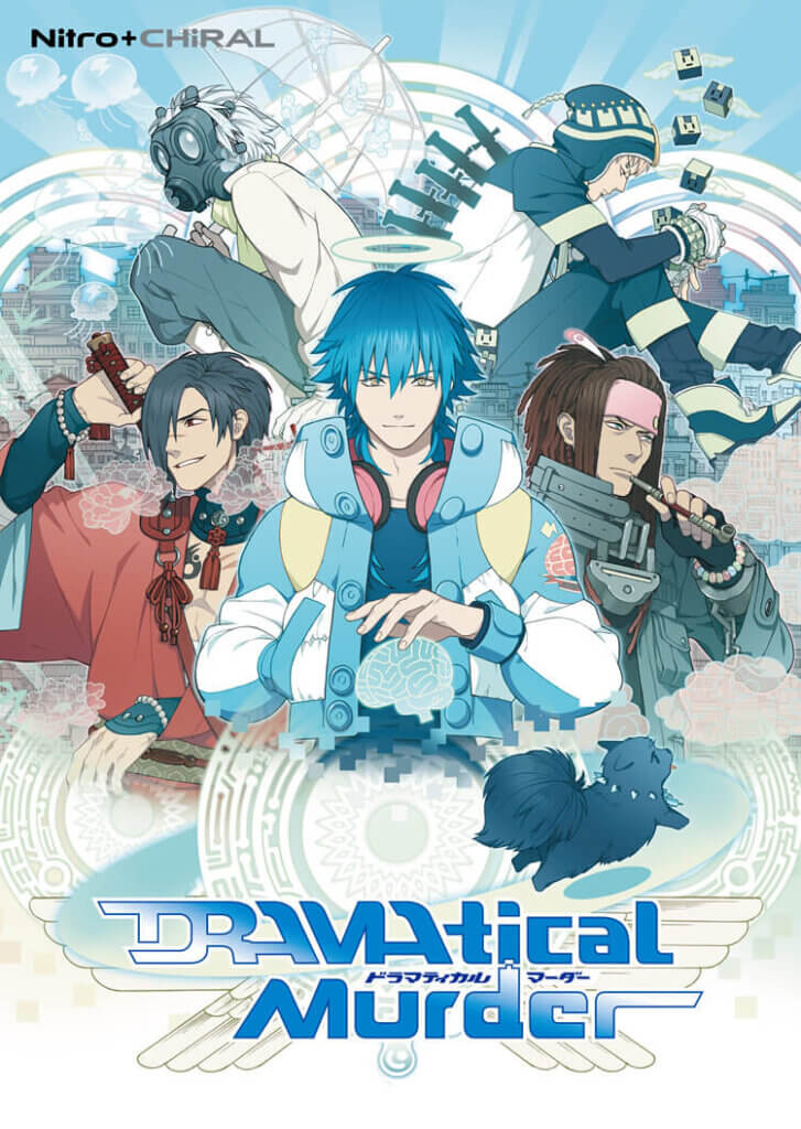 The cover artwork for Dramatical Murder depicting several main characters collaged together and posing. Nitro + Chiral logo on the top left of the artwork.