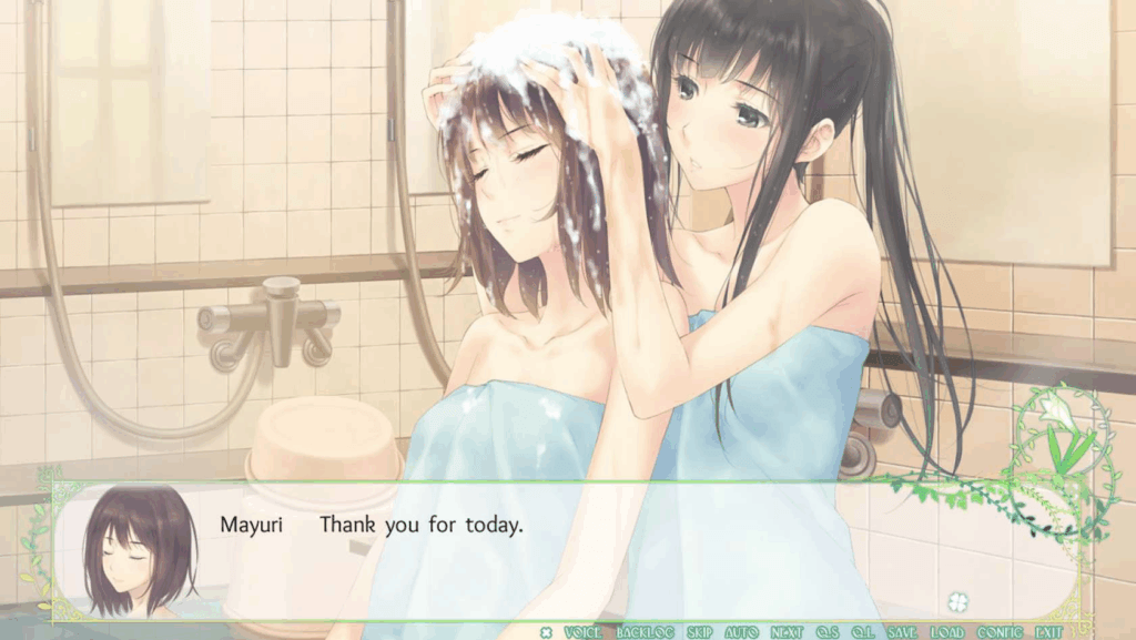 Two girls are in a bathroom, each wrapped in a blue towel. The girl on the right is blushing lightly while washing the girl on the left’s hair.