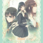The cover of Flowers -Le volume sur printemps-. Three women wearing school uniforms stand together against a lace-embossed background.