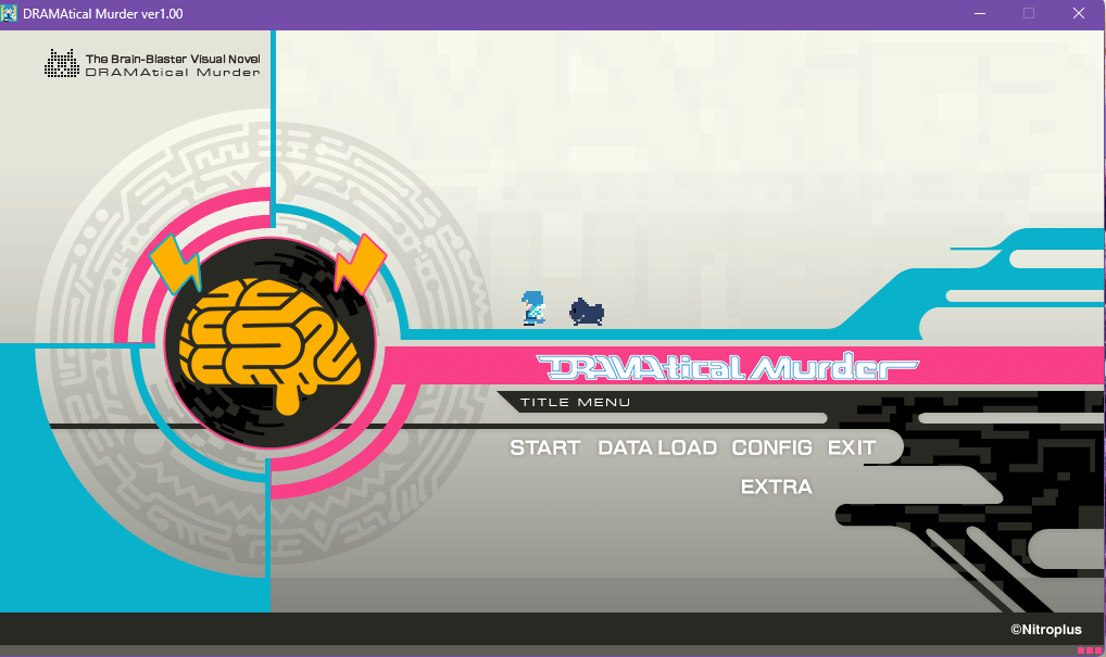 Initial game screen of Dramatical Murder, showcasing the tagline “the brain-blaster visual novel,” the bright colors, and the pixel forms of Aoba and Ren moving towards the brain icon.