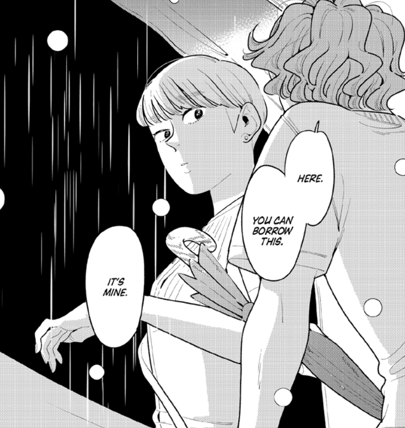 A man with shoulder-length hair passes a young woman an umbrella. “Here. You can borrow this,” he says. “It’s mine.” Rain falls from a black sky.
