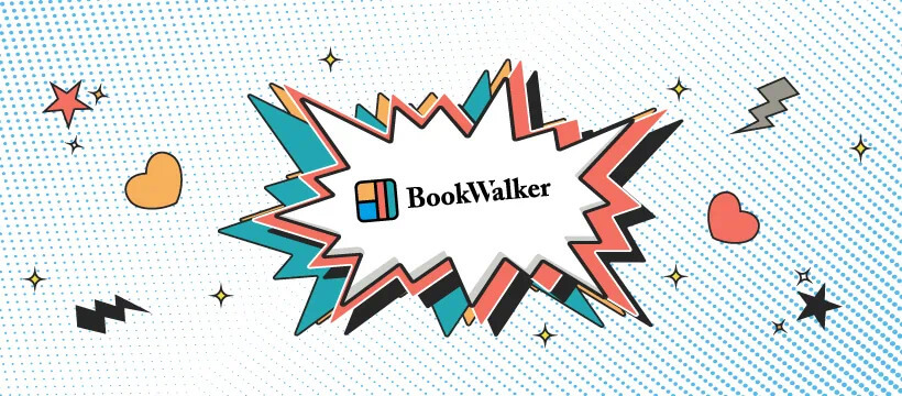 BookWalker logo surrounded by hearts and lightning bolts.