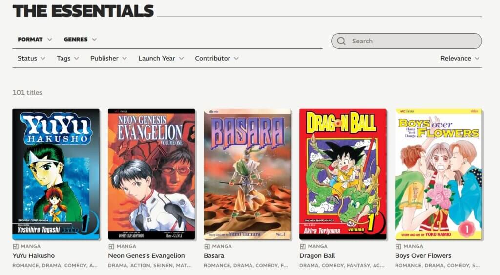 screenshot of bookwalker's essentials pack depicting the first volumes of yuyu hakusho, neon genesis evangelion, basara, dragon ball, and boys over flowers in a row