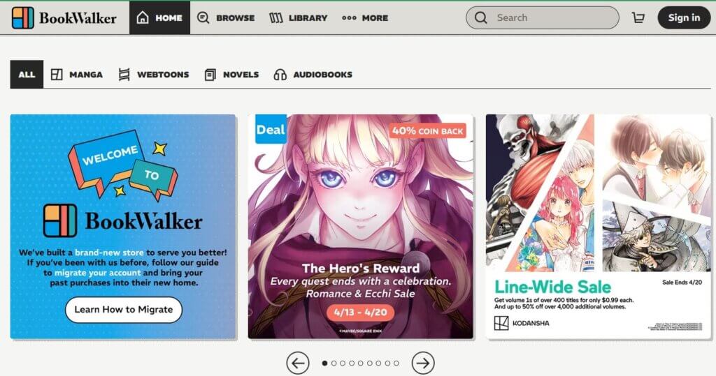 screenshot of the bookwalker front page taken april 14, 2026. square on the left announces the rebrand, middle and right squares announce sales of romance and ecchi manga and kodansha manga respectively