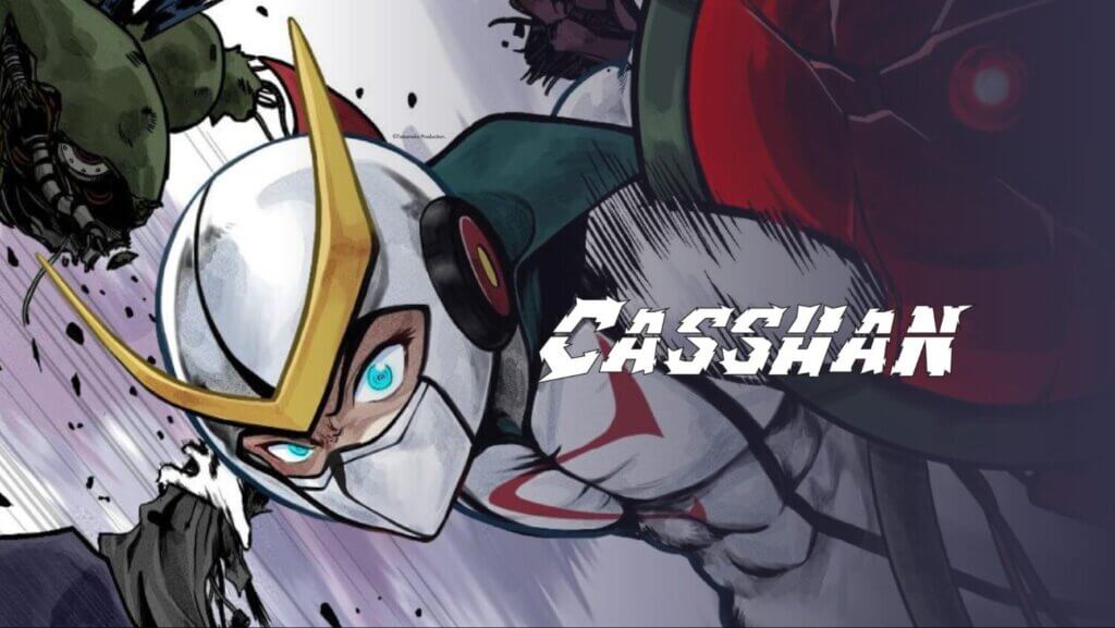 Casshan, a humanoid robot with blue eyes who wears a white bodysuit, tears his way through enemy robots.