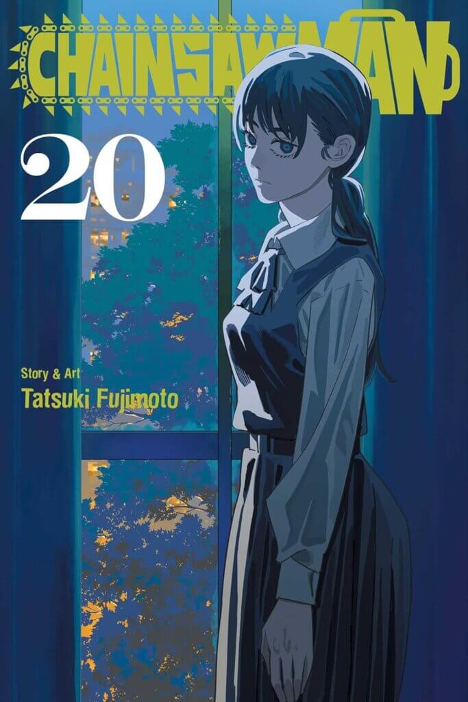 The cover of Chainsaw Man Volume 20. Asa, a girl wearing a high school uniform, looks out at the reader. Through a window behind her we can see a large tree.