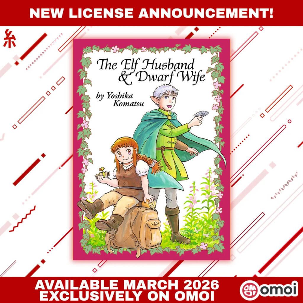 The cover of The Elf Husband & Dwarf Wife, featuring a pointy-eared elf wearing a green cape and a female dwarf sitting on a large bag. The frame around them is covered in leaves and flowers.