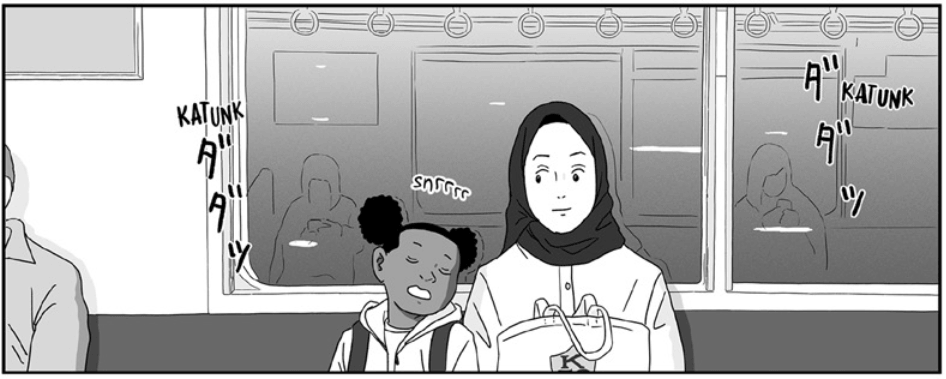 A woman wearing a hijab sits on a subway train next to a young girl with her hair in double puffs. Another passenger can be seen to the left.