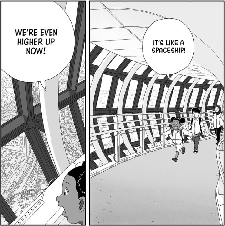 A young girl with her hair in double puffs runs through the area at the top of Tokyo Skytree with her two friends, a boy wearing a backpack and a woman wearing a hijab. “It’s like a spaceship!” she says. Then, as she looks out through the windows, she says, “We’re even higher up now!”