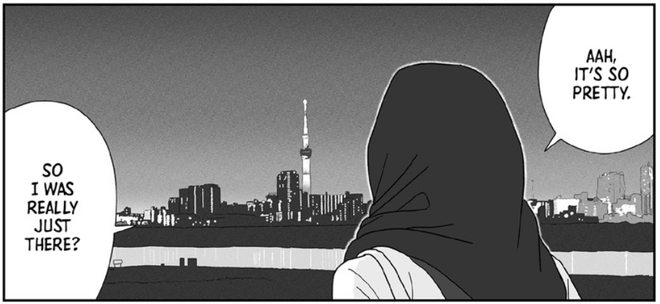 A woman wearing a hijab looks out at the Tokyo cityscape at night, in particular a lit-up Tokyo Skytree. “Aah, it’s so pretty,” she says. “So I was really just there?”