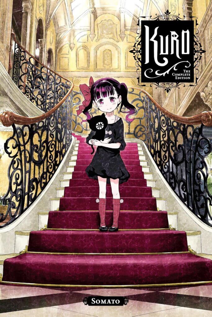 A girl with black hair in pigtails stands on an ornate stairway with red carpeting. She holds a cat-shaped creature in her hands that has a round, toothy mouth. 