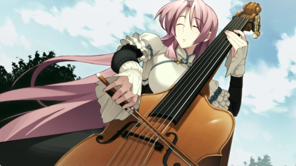 A woman with long pink hair plays the cello.