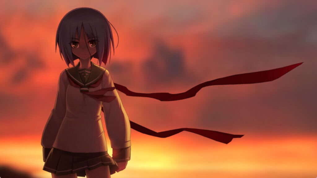 A girl wearing a school uniform with a long red ribbon stands against the orange sky.