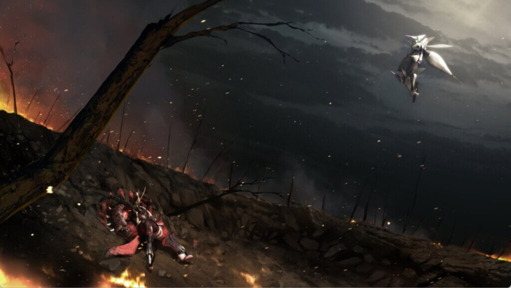 A winged silver robot in the sky looks down upon a red robot lying on a burning battlefield.