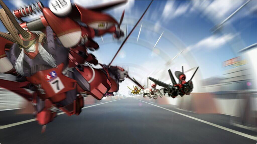 Various robots race each other on a Formula 1 track.