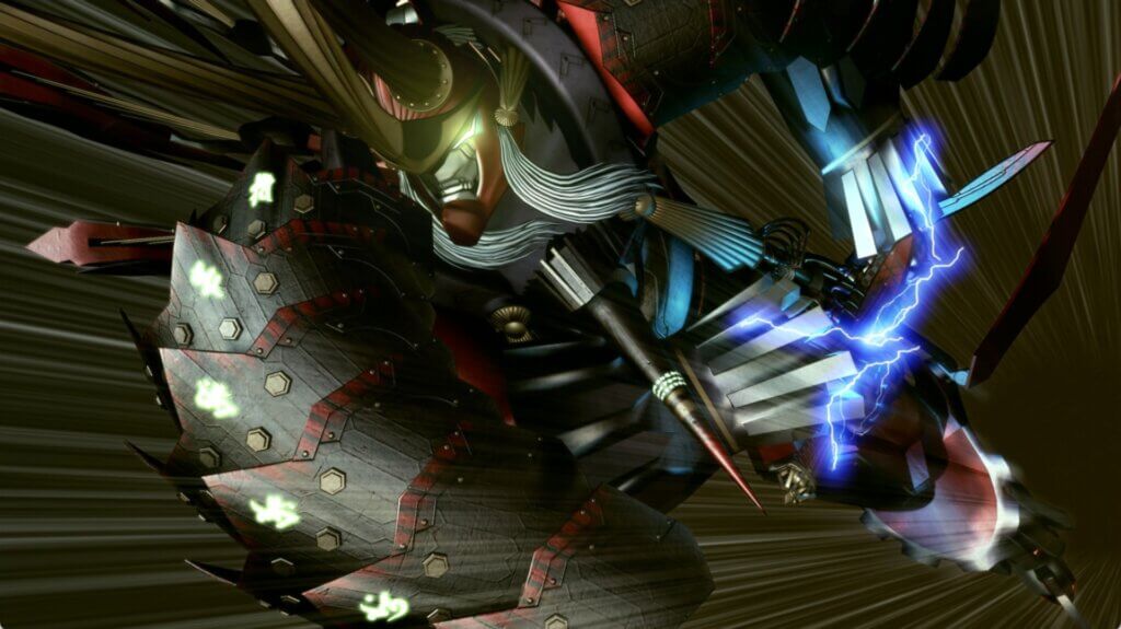Muramasa, a large suit of living samurai armor, prepares to pull its sword from its sheath. Blue lightning crackles around the hilt.