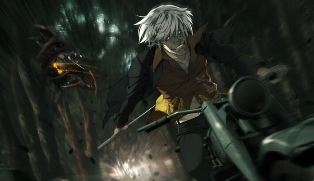 A man with white hair on a motorcycle is chased through the woods by a spider robot.