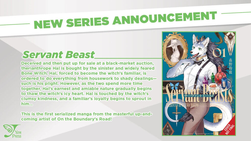 The cover of Servant Beast, featuring a wolf-headed man wearing suspenders and holding a tray with a teacup and various bottles. A picture of a mysterious person wearing a hat can be seen in the upper left, above a display of pinned butterflies.