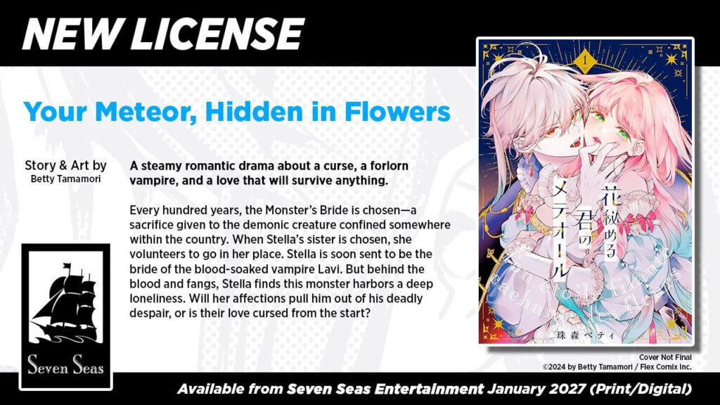 The cover of Your Meteor, Hidden in Flowers, featuring a handsome vampire holding a woman with long pink hair by the face. His fangs are bared.