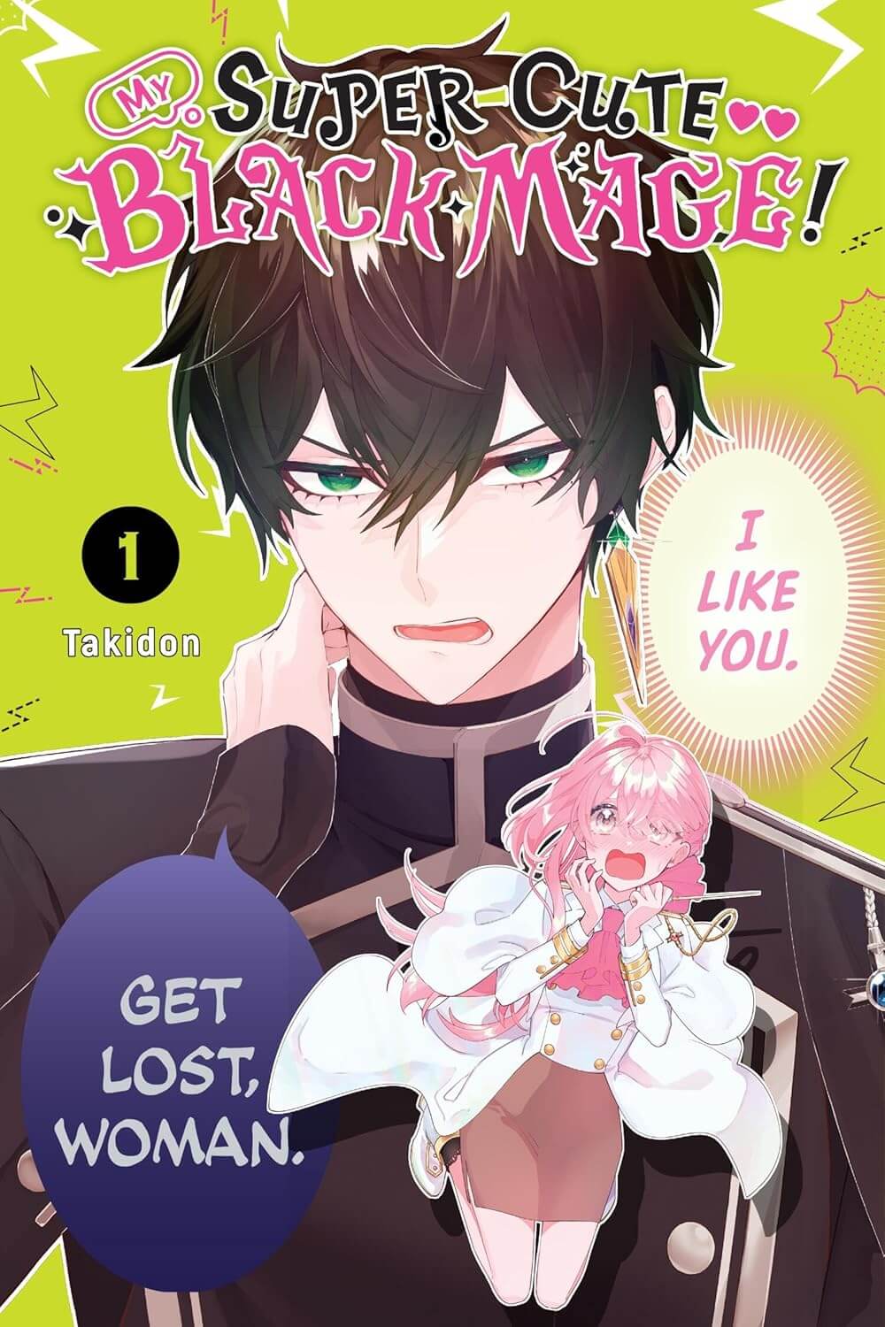 The head and shoulders of a teenage boy with black hair and green eyes. He is wearing a black double-breasted school uniform with a small shoulder cape. He blushes as he scratches the back of his neck with his hand. Imposed in front of him is a full body image of a shrieking and flustered teenage girl with long pink hair. She wears a matching double breasted school uniform but this time in white and with a much longer cape. She has a short brown pencil skirt. A big dark blue speech bubble says “Get Lost, Woman.” but another in the same shade of pink and white as the girl’s hair and uniform says “I like you.