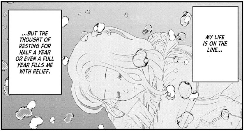 A woman sleeps in a field of bubbles. She thinks, “My life is on the line…but the thought of resting for half a year or even a full year fills me with relief.”
