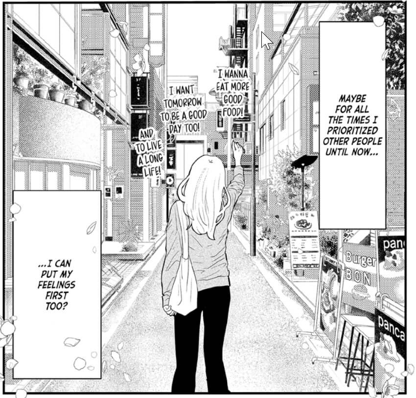 As a woman walks down the street, she thinks, “Maybe for all the times I prioritized other people until now…I can put my feelings first, too?” Meanwhile she cries out, “I wanna eat more good food! I want tomorrow to be a good day too! And to live a long life!”