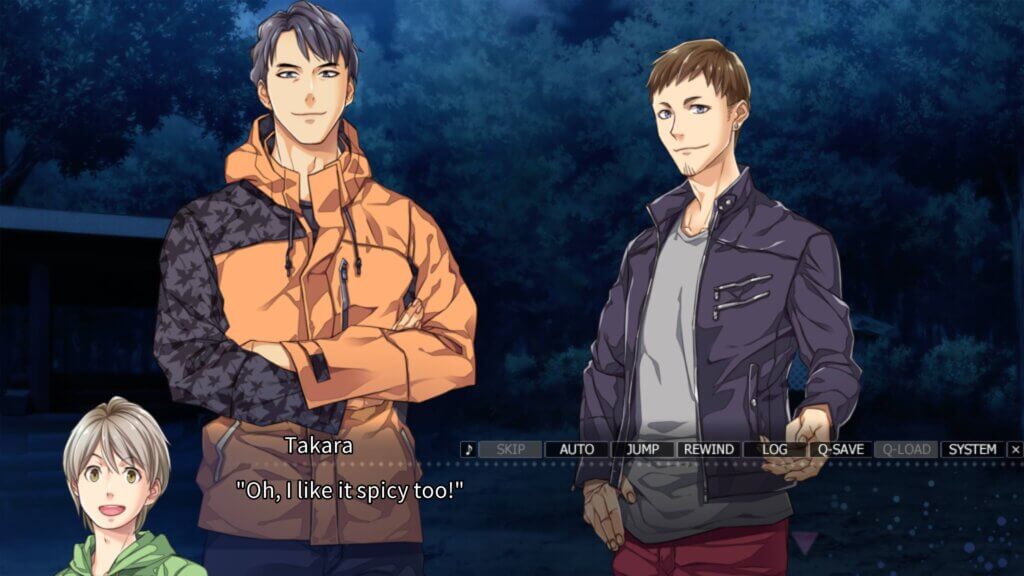 Two men stand in an open campsite at nighttime. A third young man is seen in the dialogue box. Dialogue box reads: Takara - “Oh, I like it spicy too!”