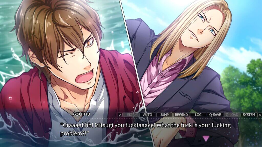 A split screen image of one man splashing in a body of water with a long blond-haired man crouching above him with a sinister grin. Dialogue box reads: Azuma - “Graaaahhh! Mitsugi you fuckfaaace! What the fuck is your fucking problem?!” 