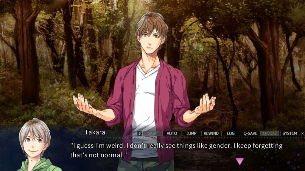 A man stands in front of a backdrop of a forest in the early evening. Another young man presented in the text box below says: Takara - “I guess I’m weird. I don’t really see things like gender. I keep forgetting that’s not normal.” 