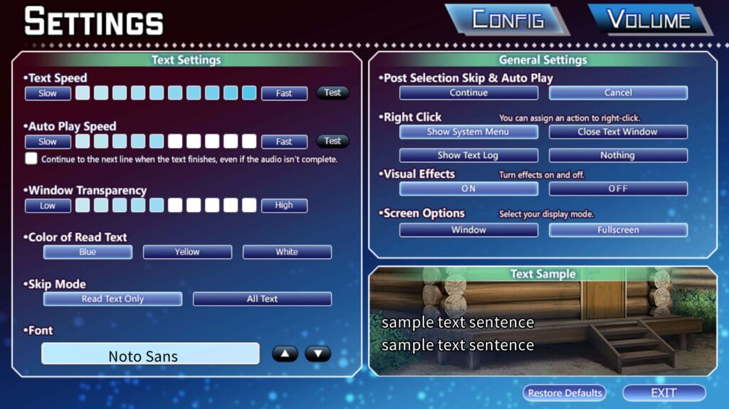 An in-game settings menu. Settings depict Config, Volume, Text Settings, and General Settings. 