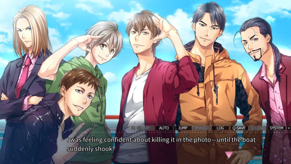 Six men posing for a photograph on the dock of a boat. Dialogue box reads, “I was feeling confident about killing it in the photo—until the boat suddenly shook.”